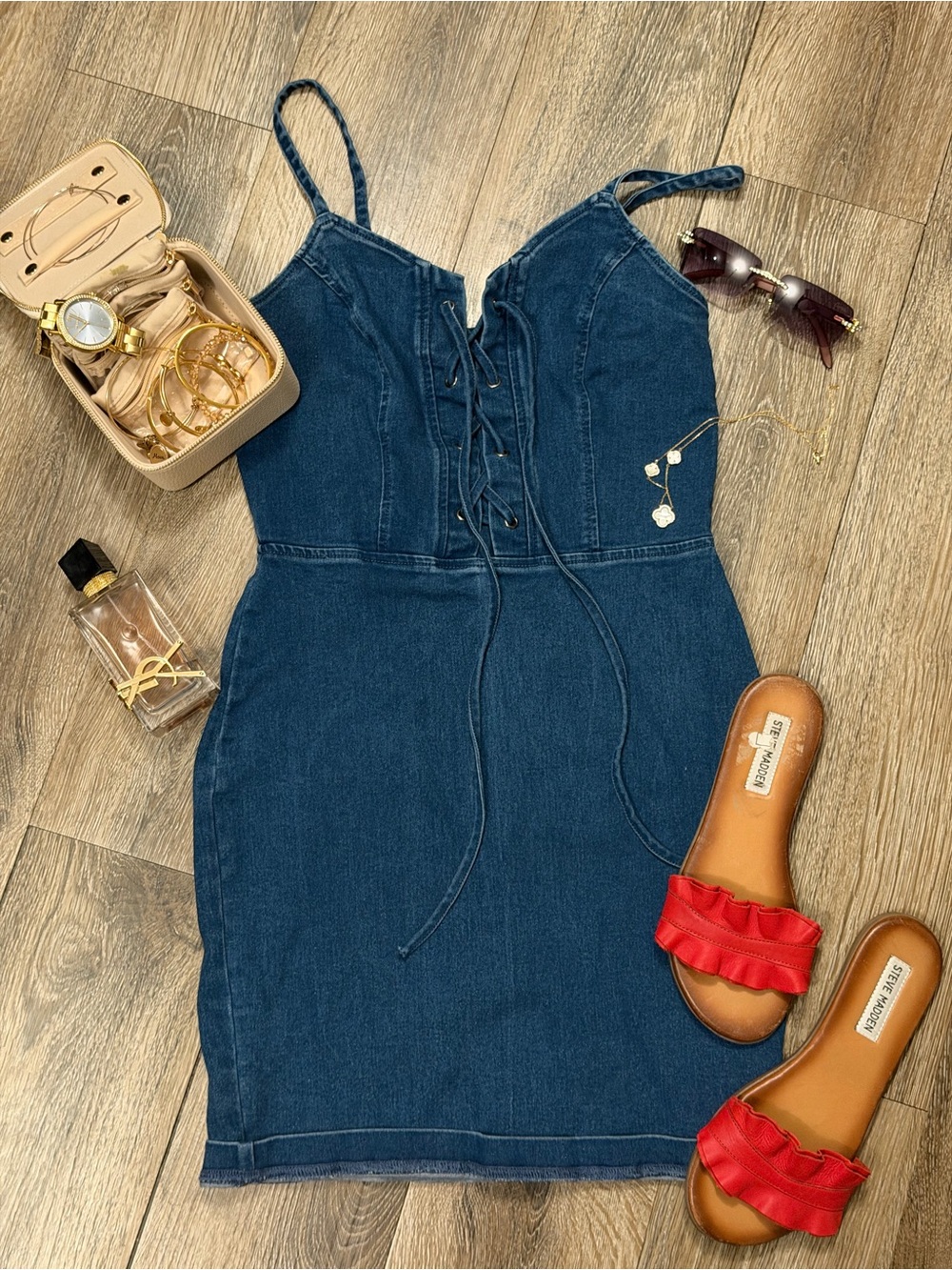 👗 Iris Denim Lace-Up Bodycon Dress – Size Small